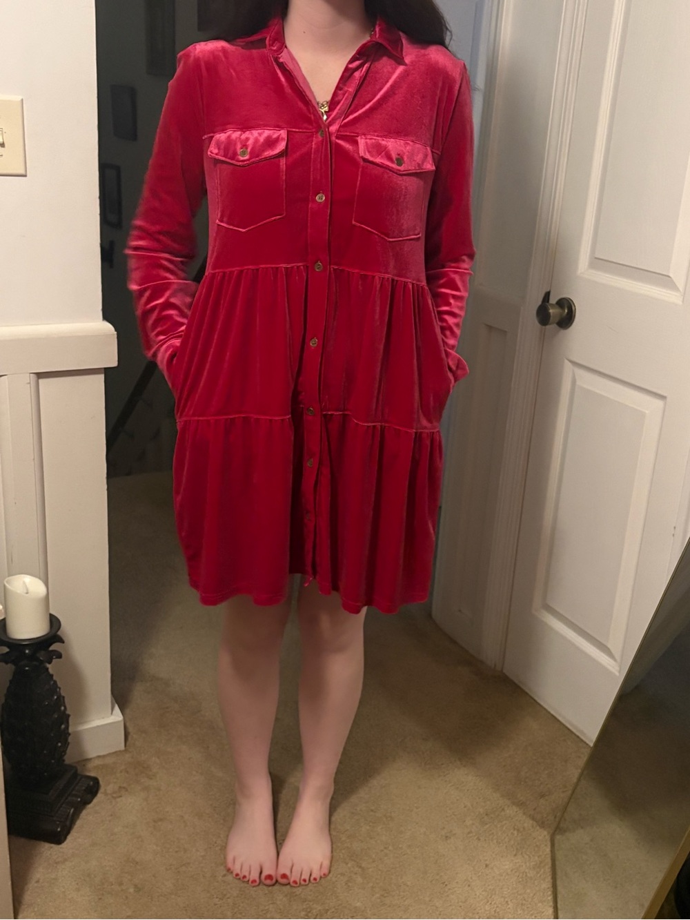 NWT Umgee Pink Velvet Tiered Button Front Shirt Dress Size Small